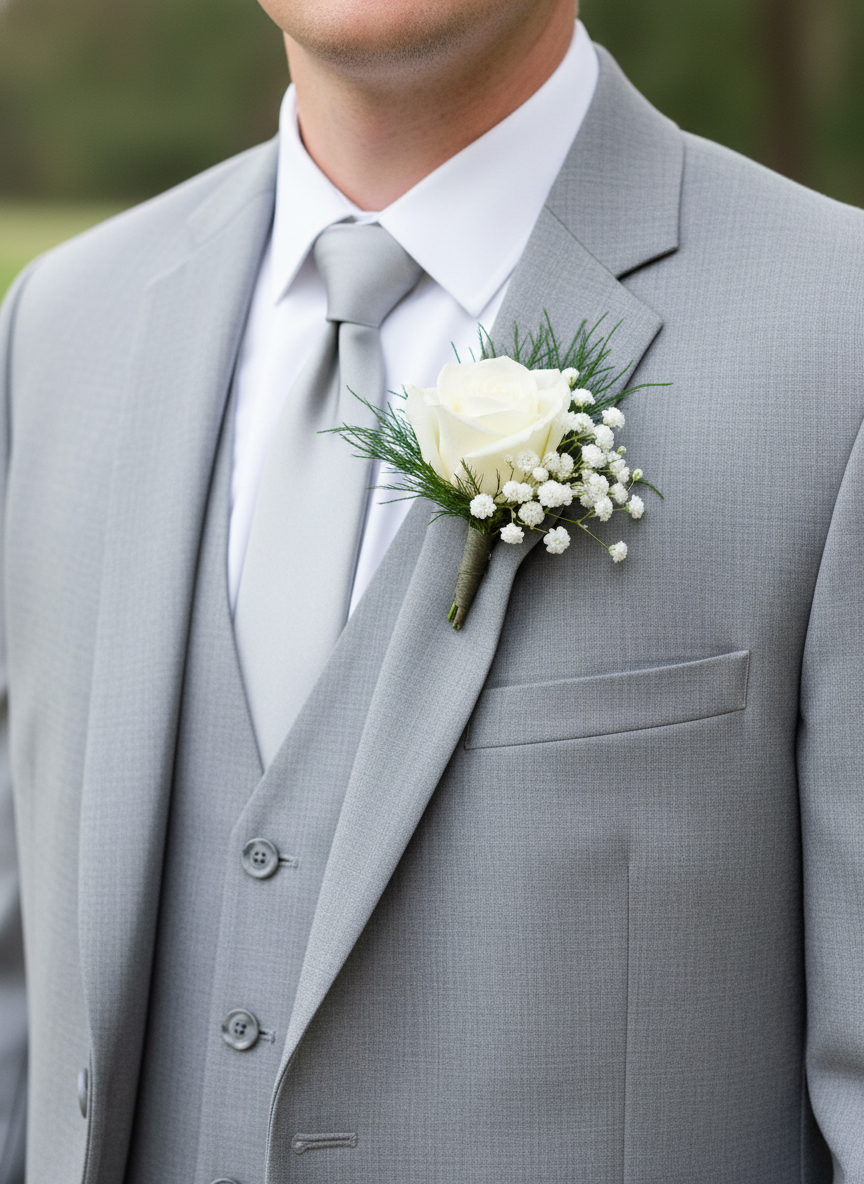 Groom in gray suit wearing white rose and baby's breath boutonniere with dill greenery