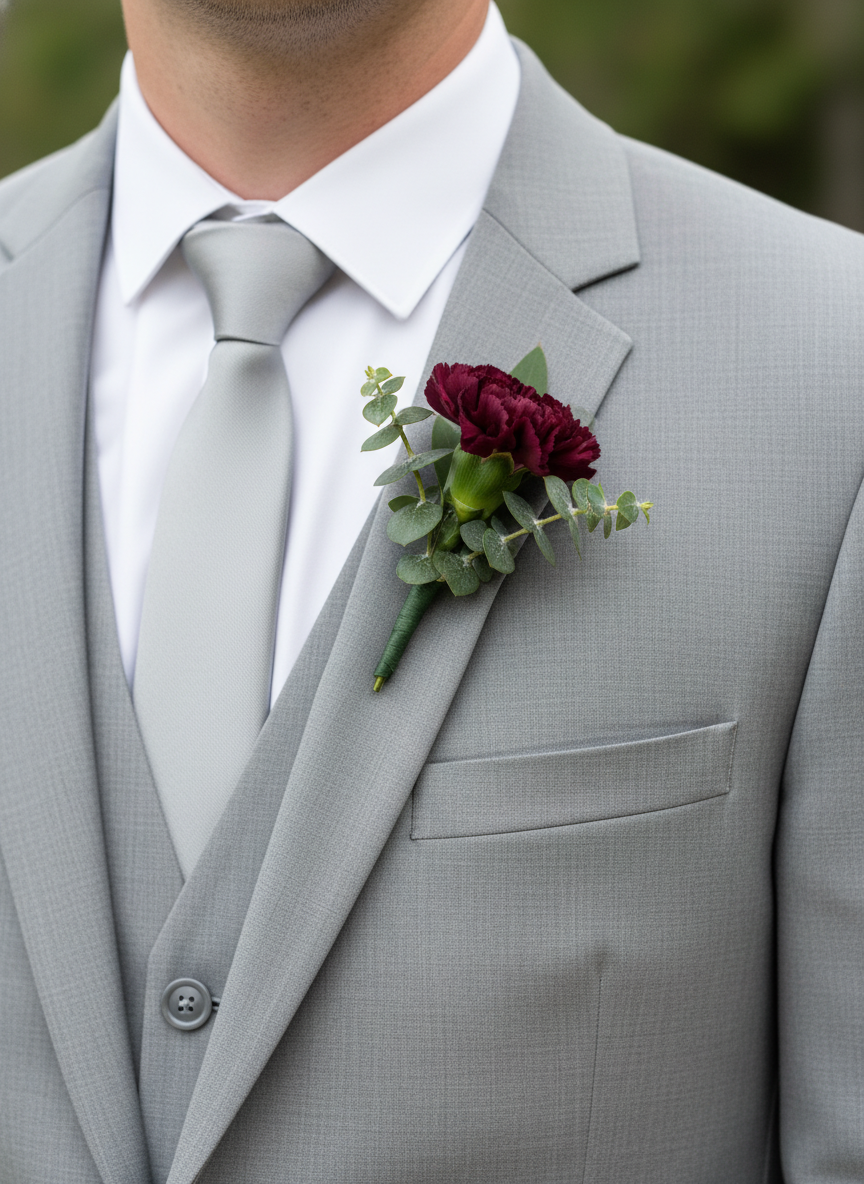 Groom in gray suit wearing burgundy carnation and eucalyptus boutonniere