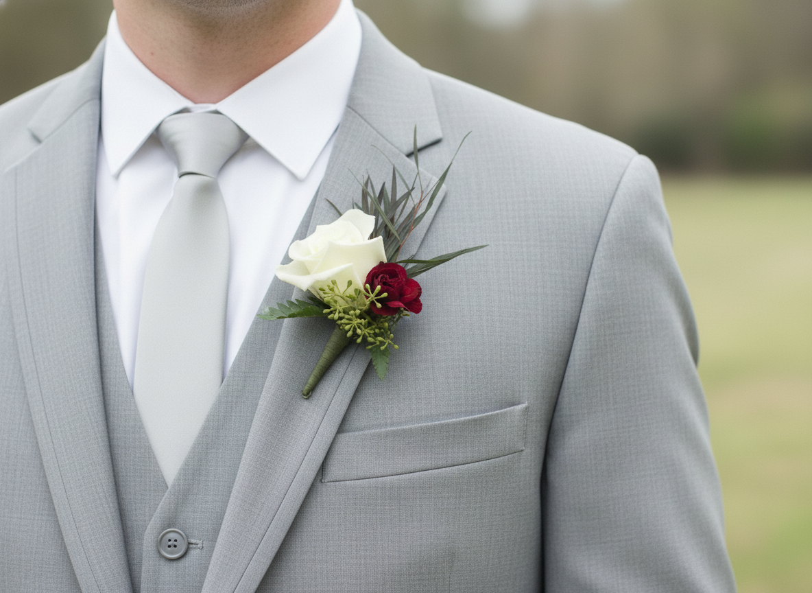 Groom in gray suit wearing white rose and red carnation boutonniere with palm leaf greenery