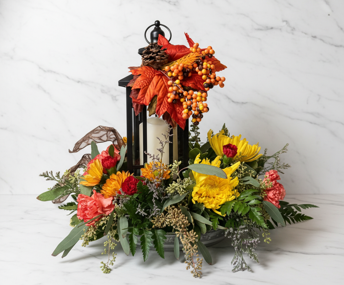 Autumn harvest centerpiece with yellow mums, coral carnations, and orange berries surrounding black lantern with candle on marble surface