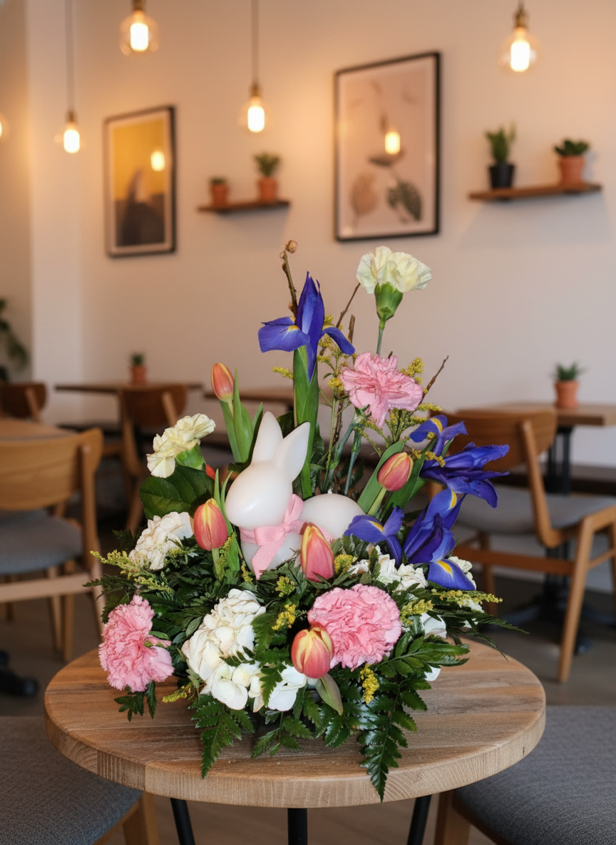Easter spring arrangement with pink carnations, tulips, blue irises, and white bunny figurine in café setting