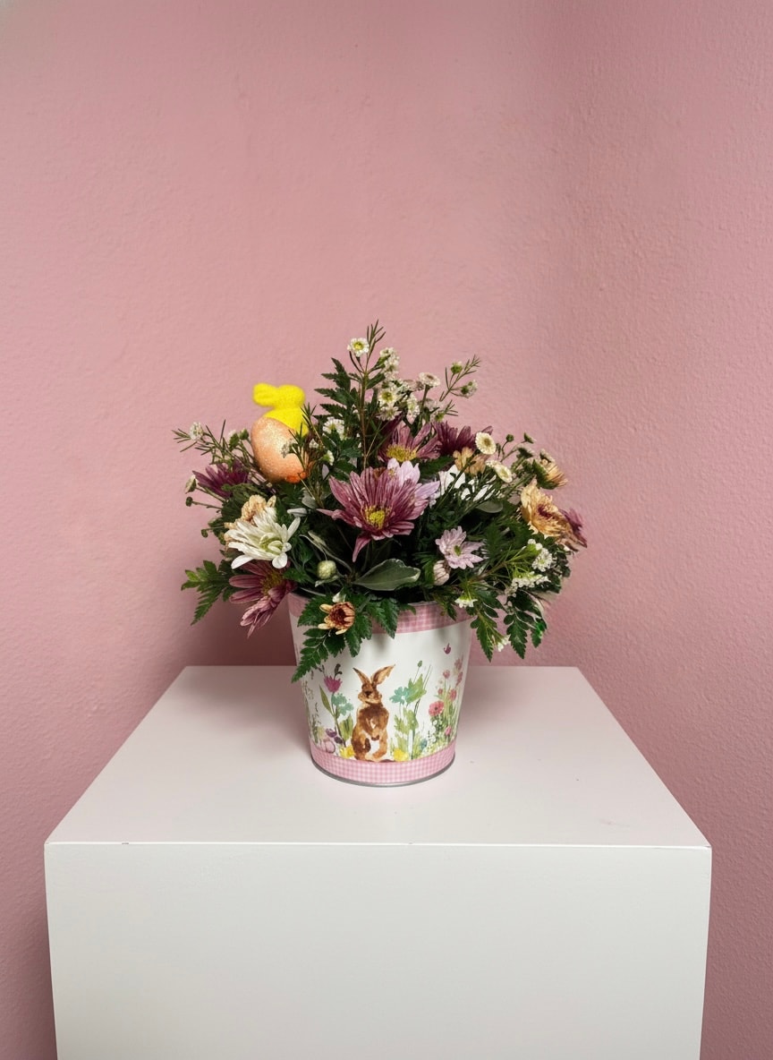 Purple and white chrysanthemums with Easter egg and bunny accents in spring-themed tin pot against pink background