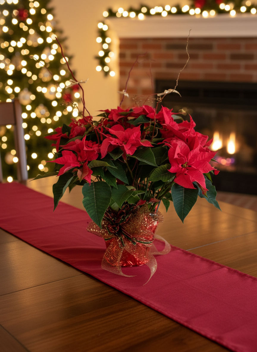 Red poinsettia holiday plant with festive ribbon by Christmas tree and fireplace