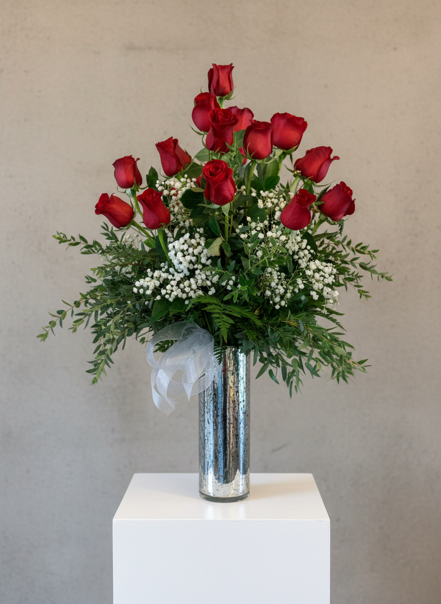 Red roses with baby's breath and greenery in a silver mercury glass cylinder vase