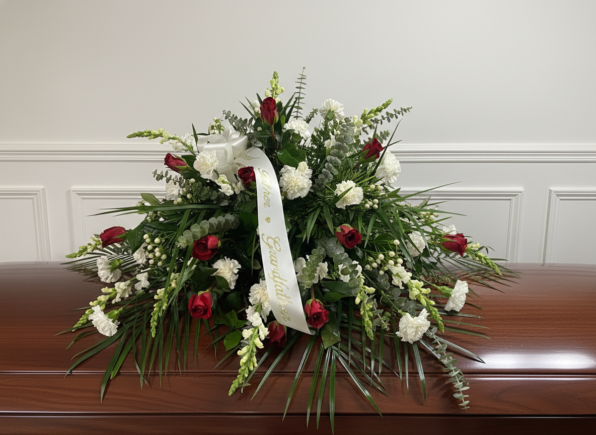 Red rose and white carnation casket spray with ribbon