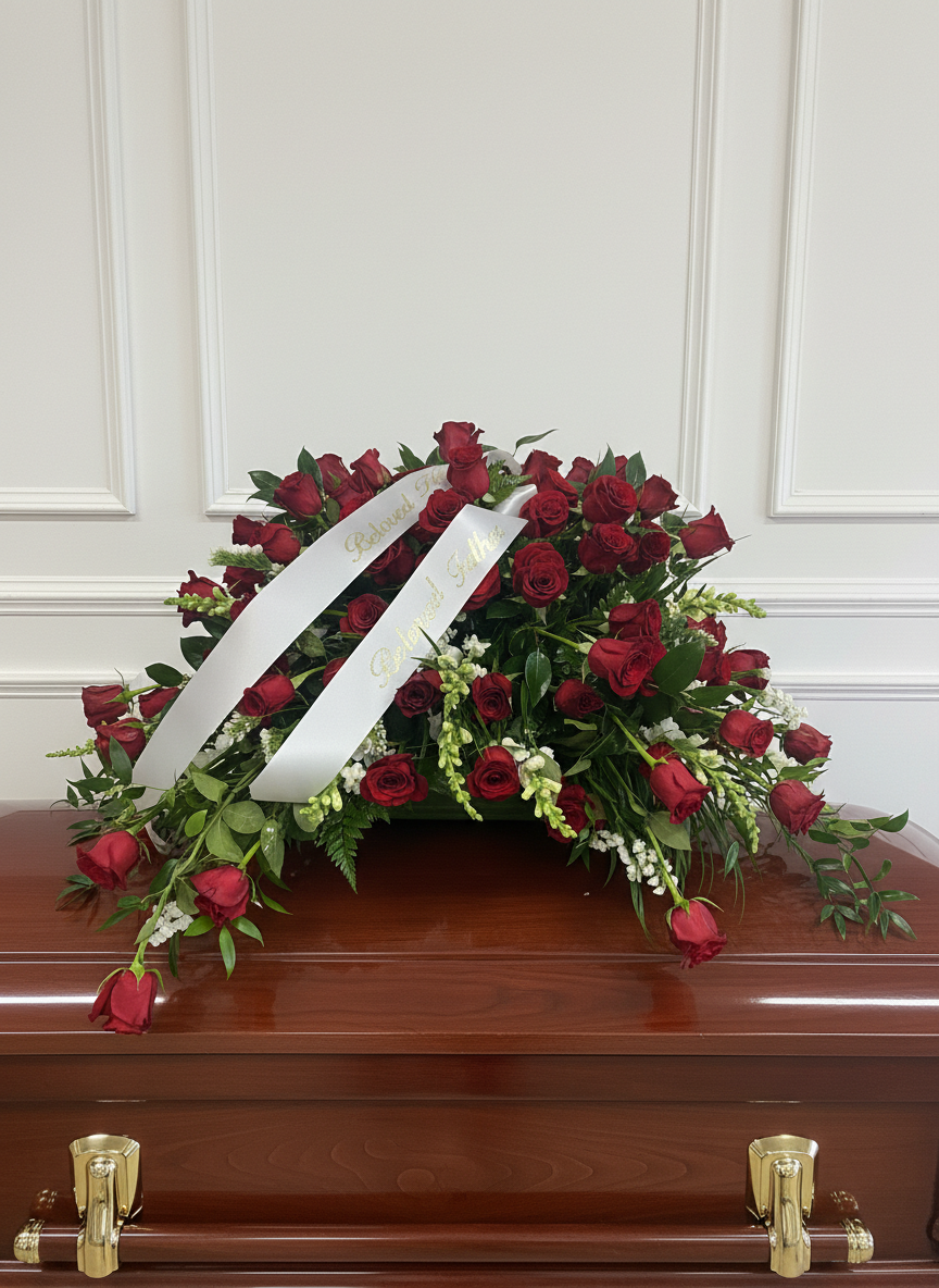 Red rose casket spray with white sash ribbons