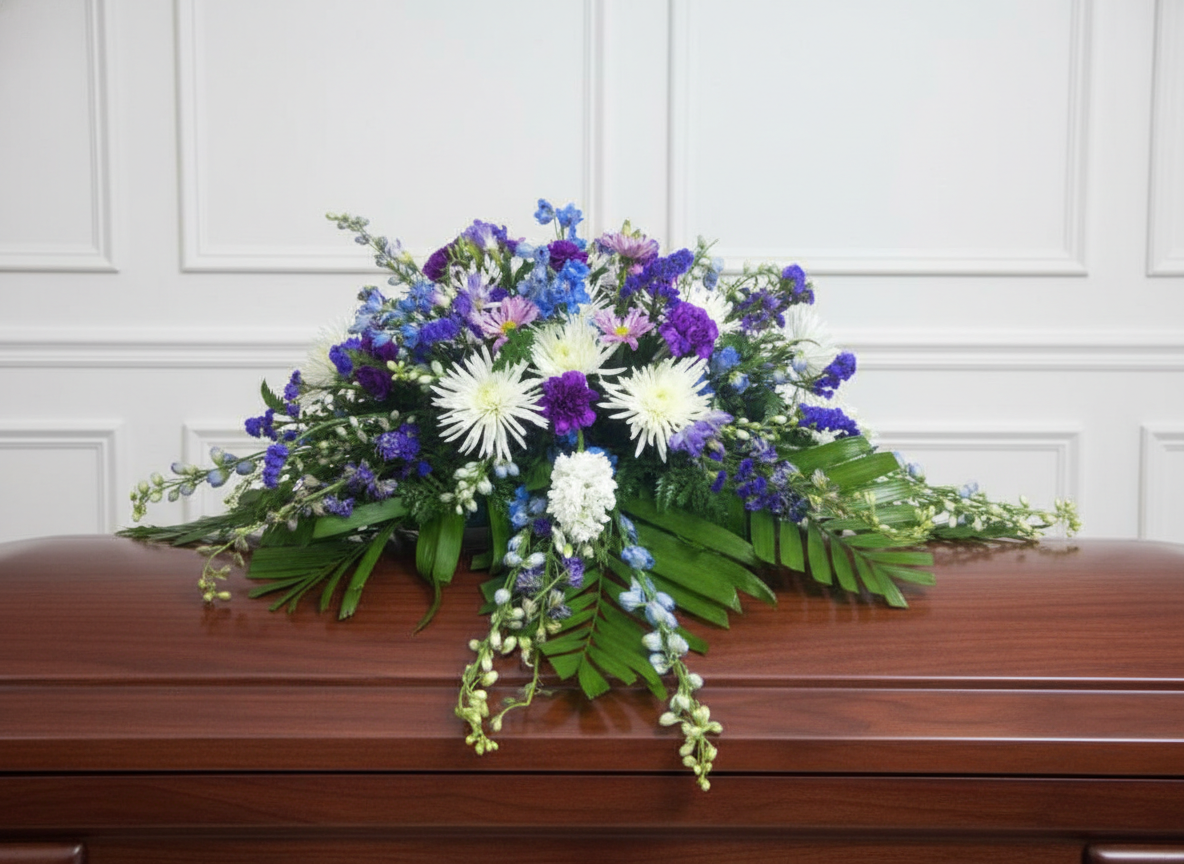 Purple blue and white casket spray arrangement