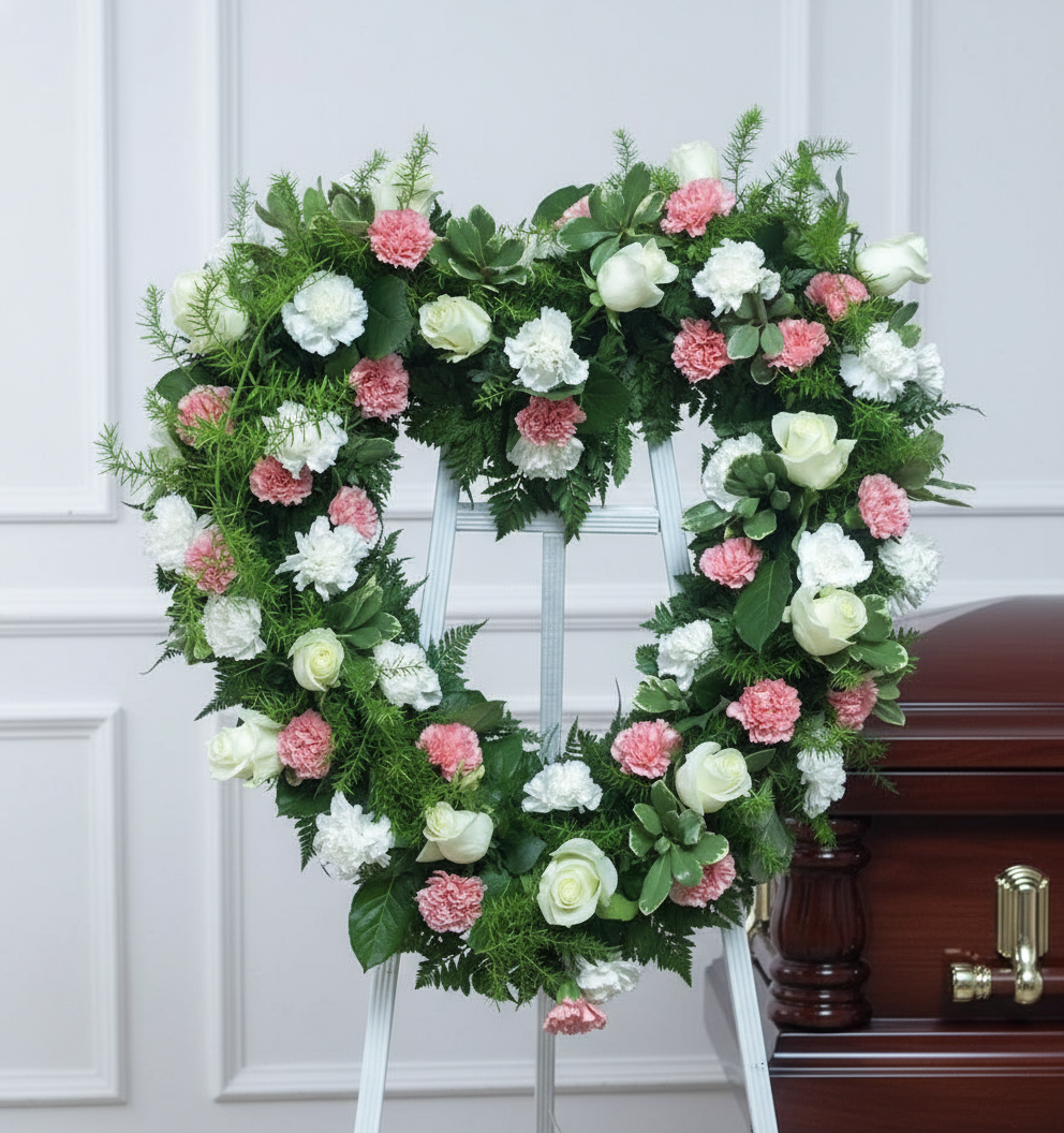 Pink and white carnation heart wreath easel arrangement