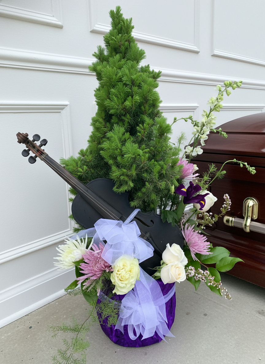 Floral arrangement with violin and evergreen tree in purple velvet container with sheer bow beside casket