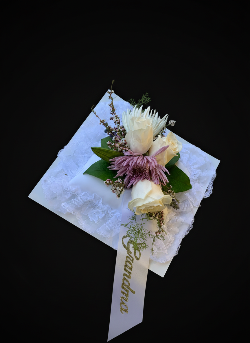 White and purple floral arrangement on lace-wrapped pillow base