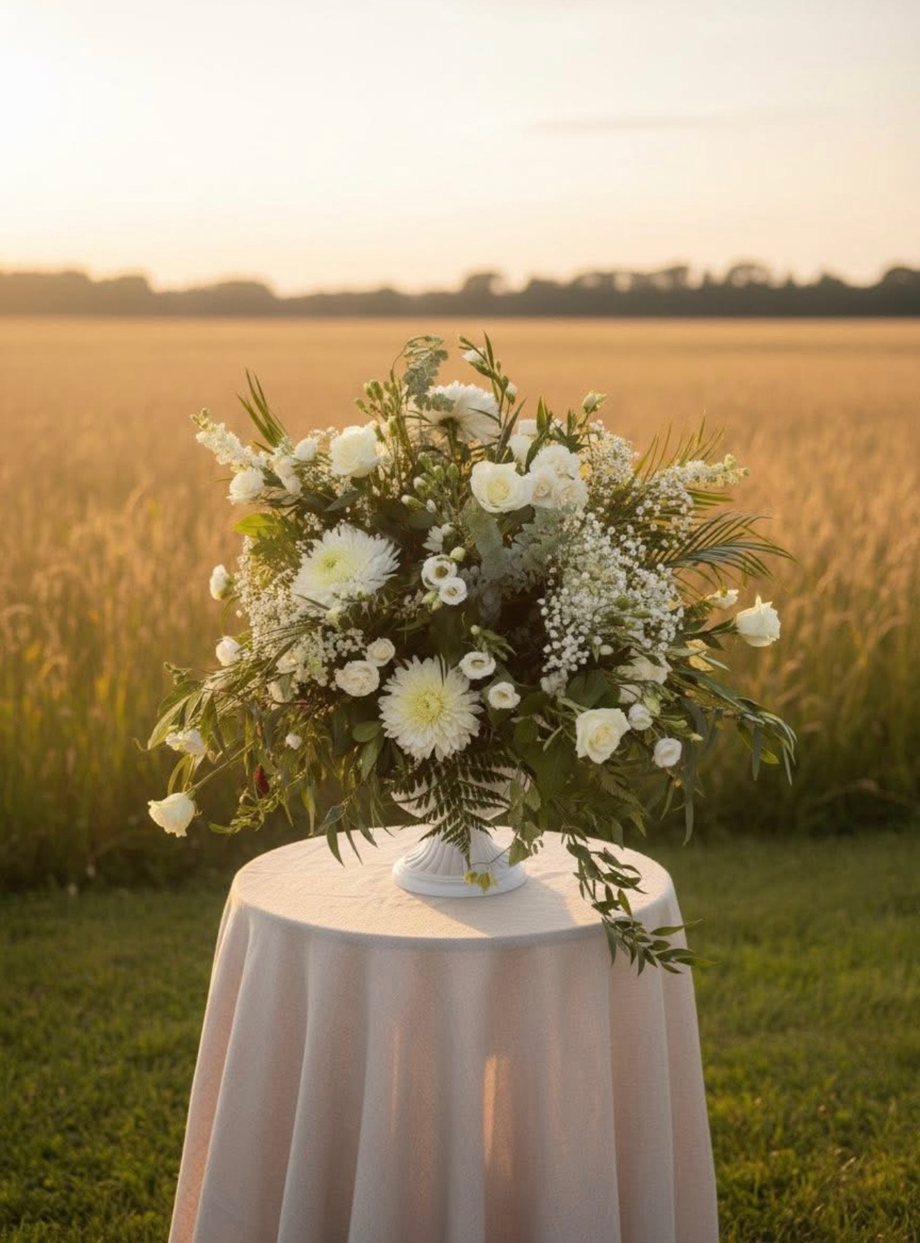 White roses and mixed flowers urn arrangement on draped table in field