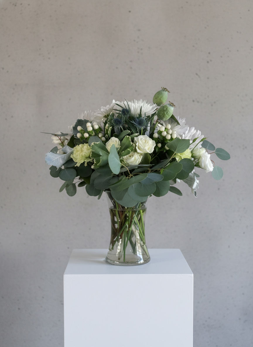 White floral arrangement in a glass vase