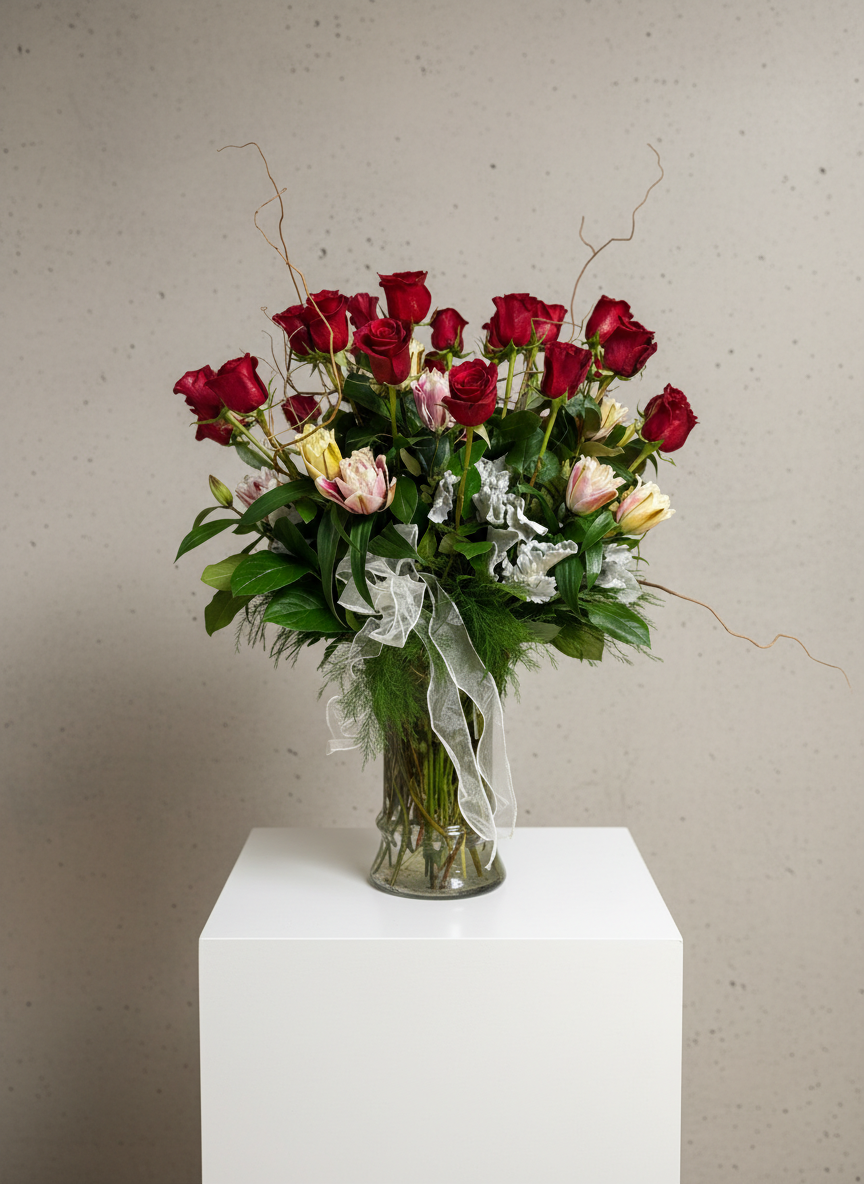 Red roses, pink tulips, and white flowers in a glass vase