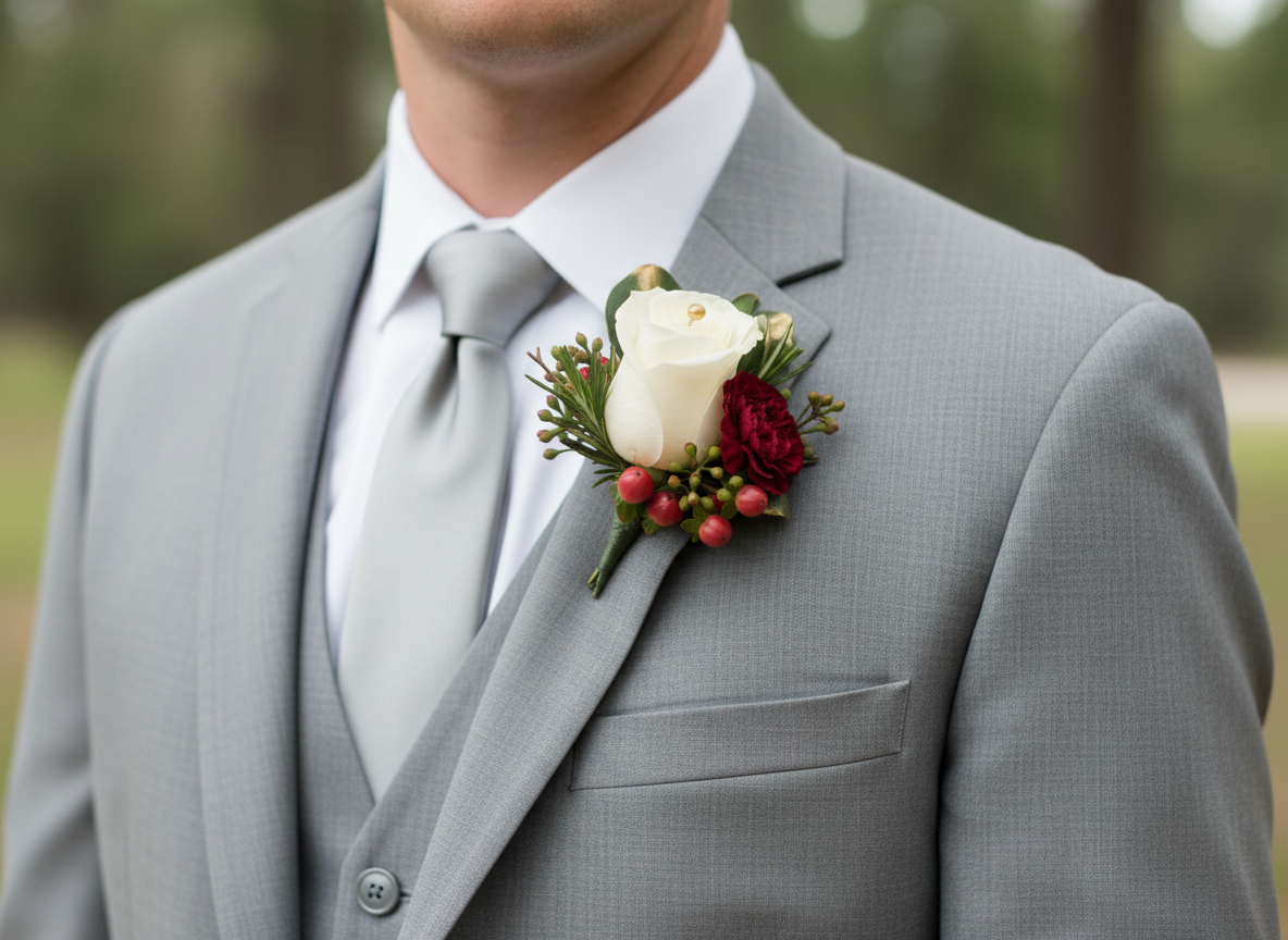 White rose and baby's breath boutonniere on gray suit