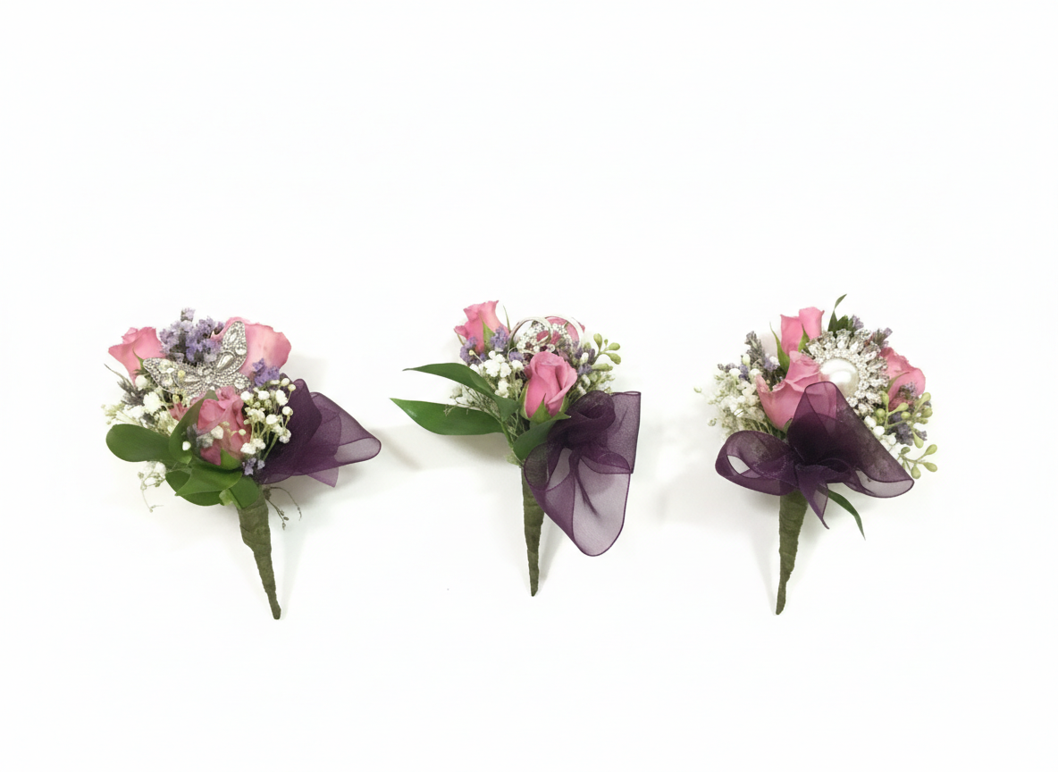 Three pink rose and purple ribbon boutonnieres on white background