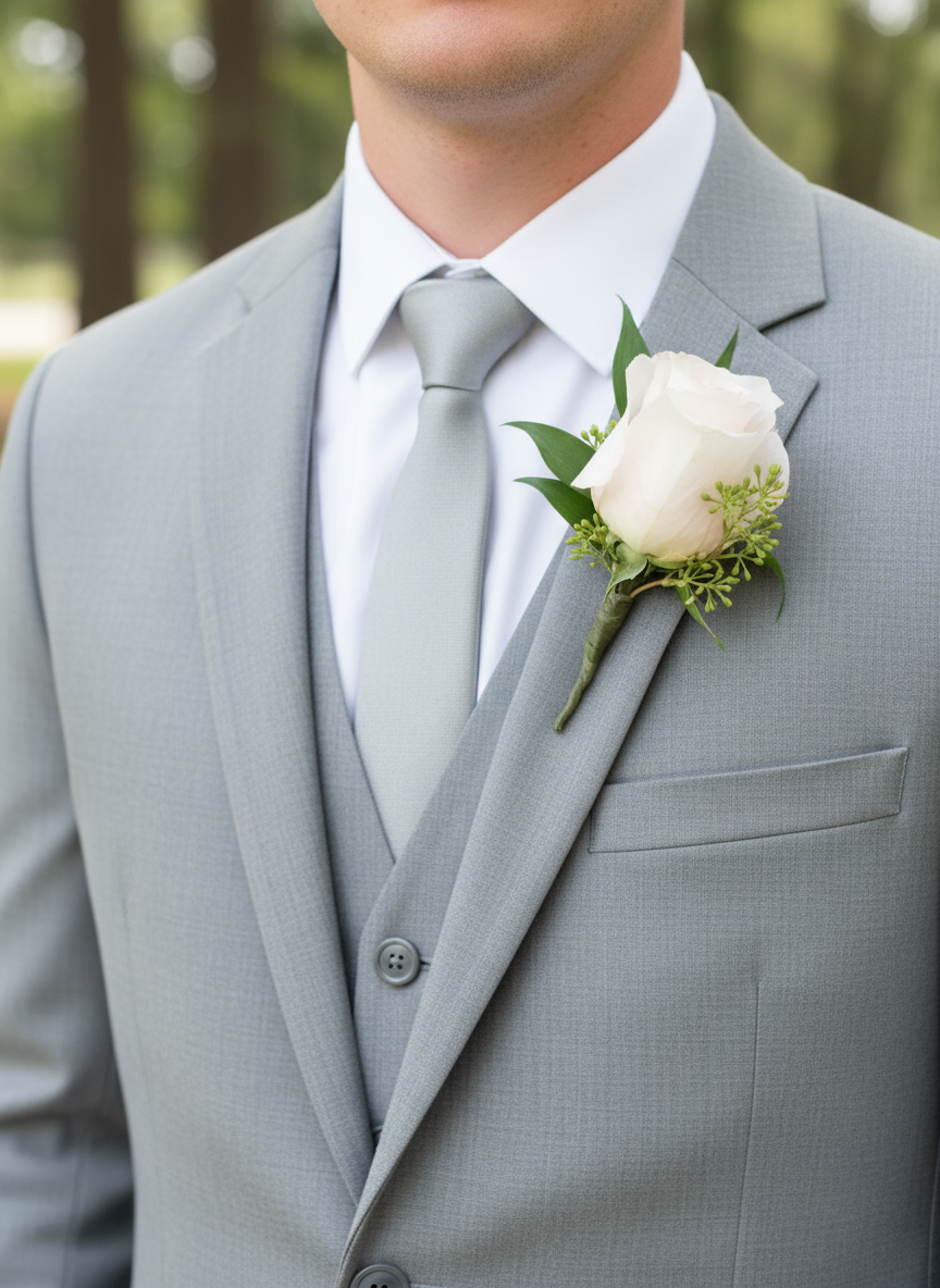 White rose boutonniere on gray suit