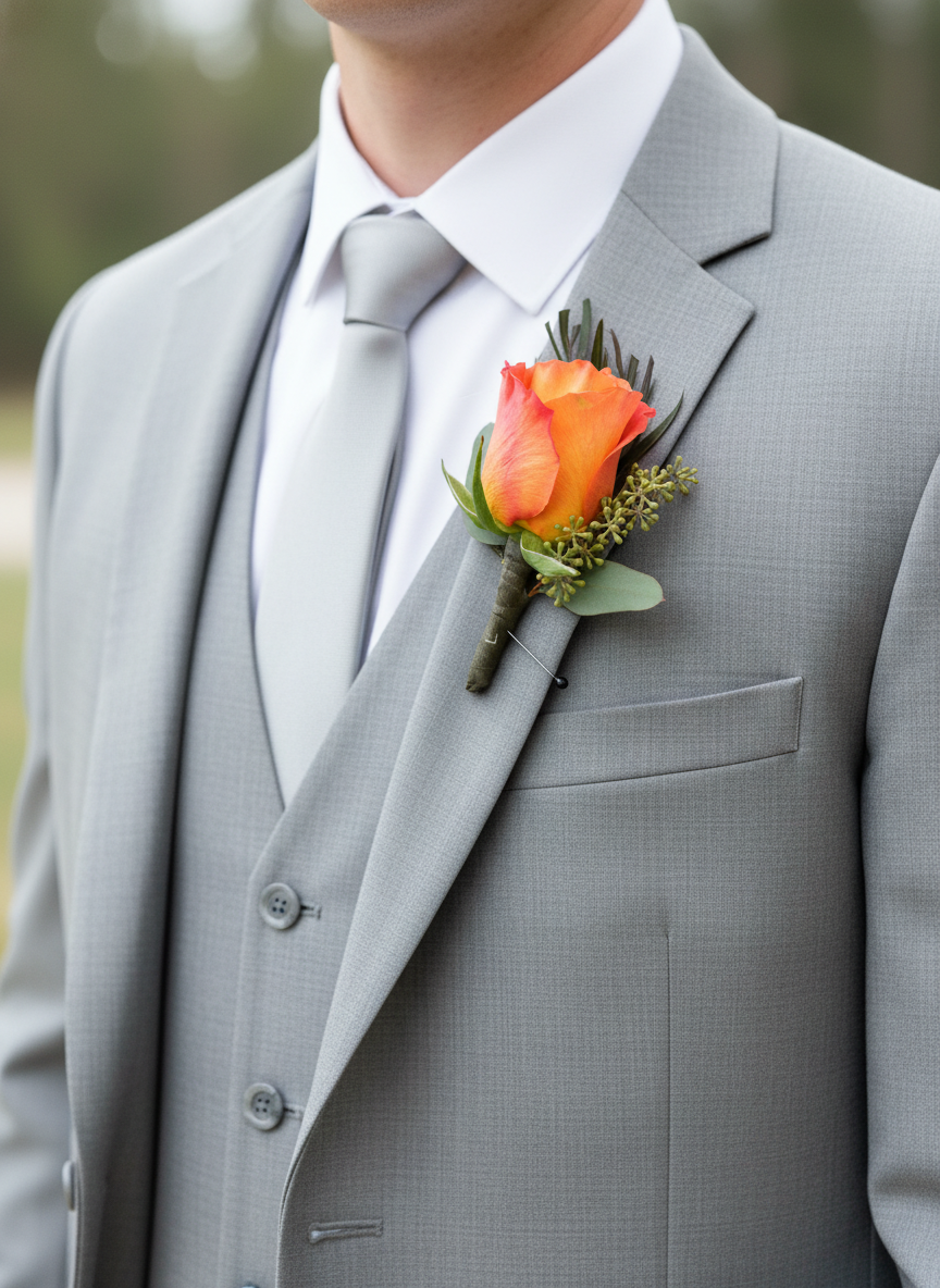 Orange rose boutonniere on gray suit