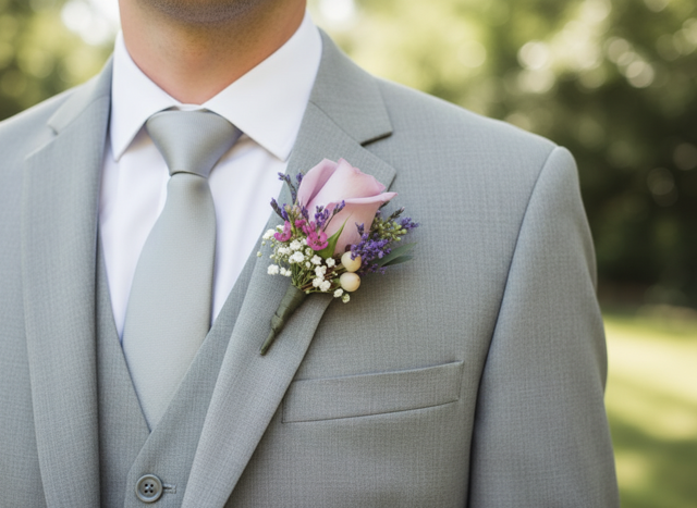 Pink calla lily boutonniere with purple flowers on gray suit