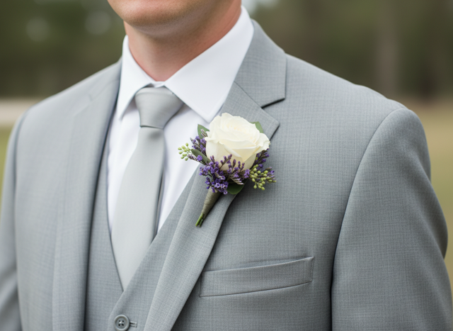 White rose and blue thistle boutonniere on black tuxedo