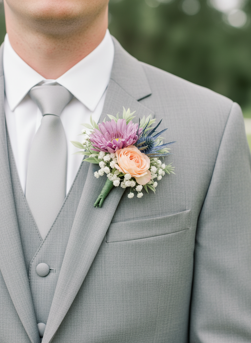 Pink rose corsage with lavender and greenery on white pedestal