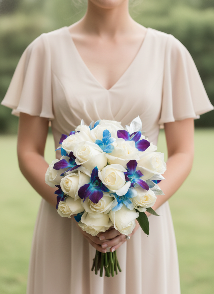 Bridal bouquet with white roses and blue orchids