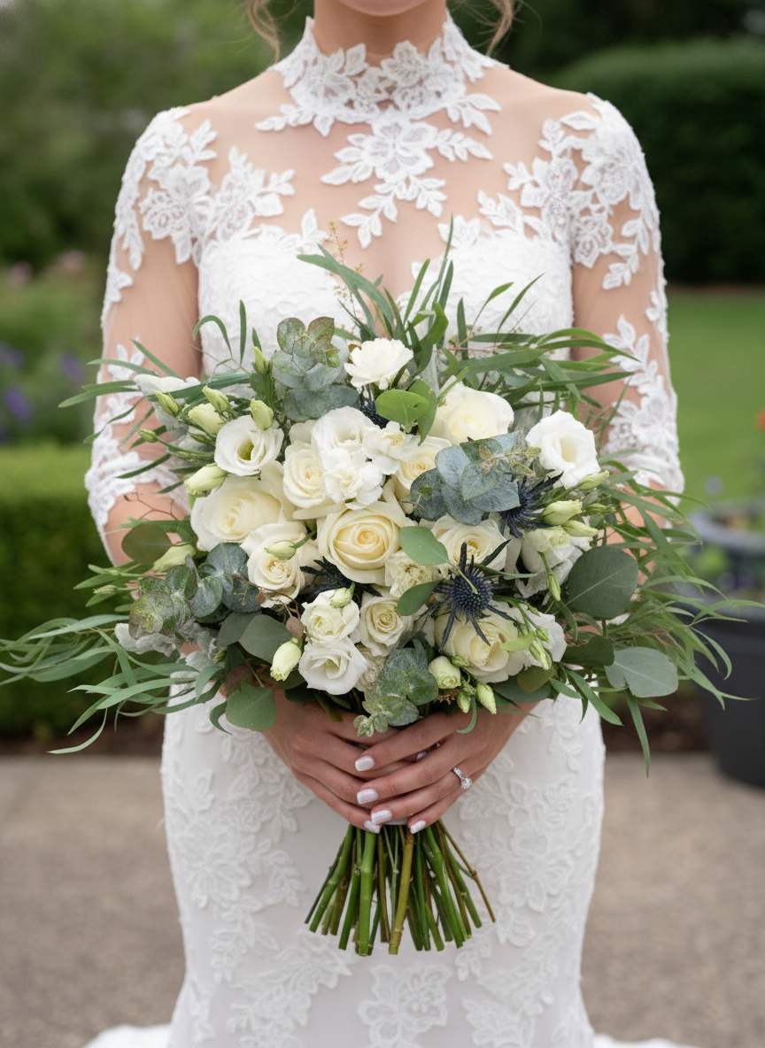 Classic white and green bridal bouquet with eucalyptus
