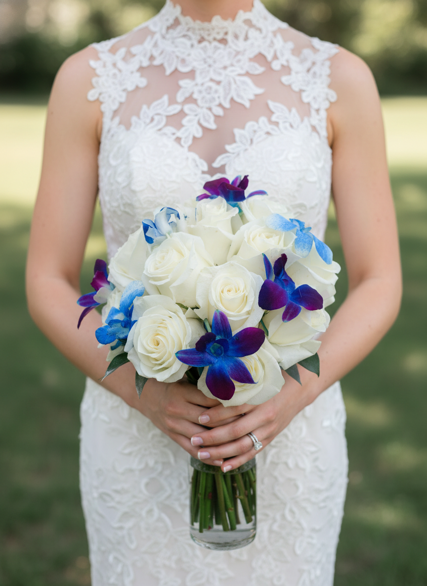 White rose and blue orchid bridal bouquet