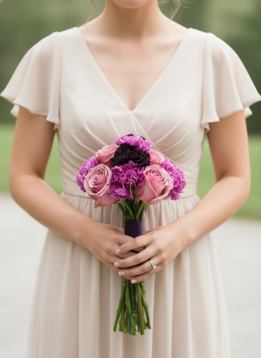 Bridesmaid holding pink roses and magenta carnation bouquet