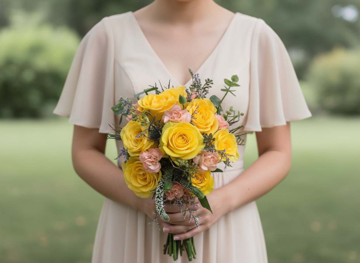 Bridesmaid holding yellow roses and peach carnation bouquet