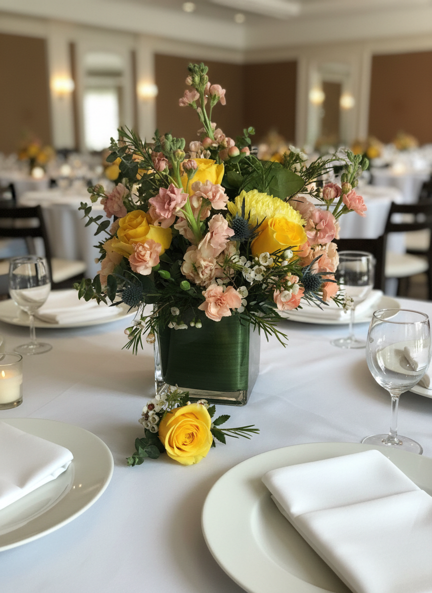 Yellow rose and pink carnation centerpiece in green vase with boutonniere