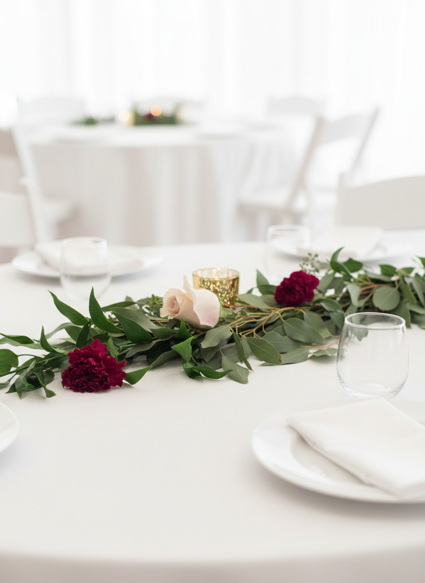 White hydrangea centerpiece in glass bowl on linen table