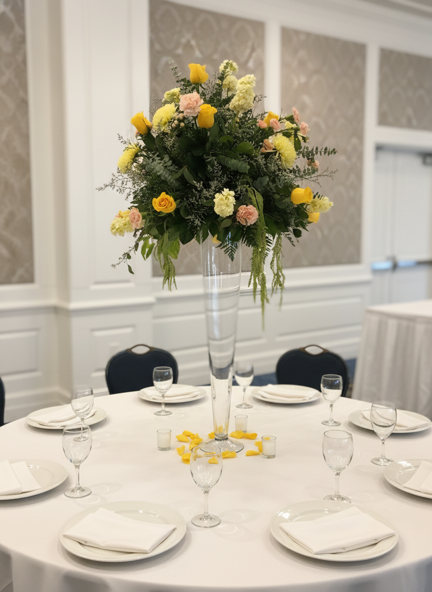 White rose and greenery centerpiece with floating candles
