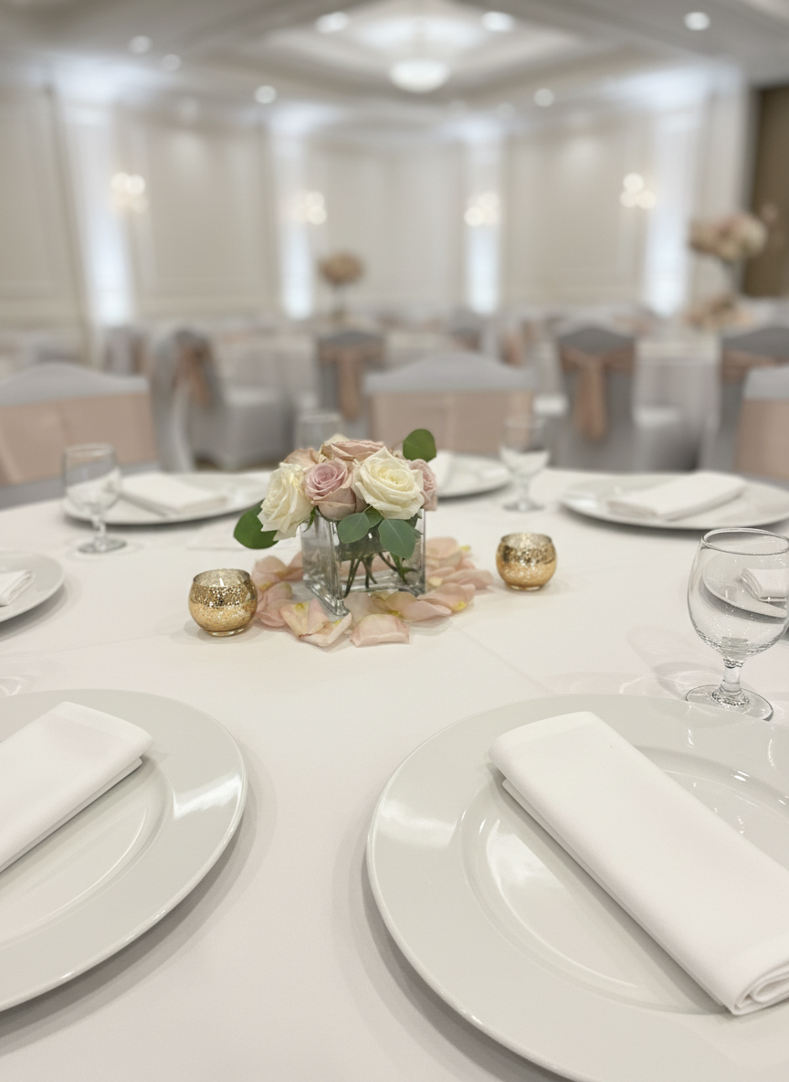 White rose and eucalyptus garland runner with pillar candles